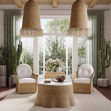 Newport Ottoman in natural rattan w/ Cushion in Artic White Fabric