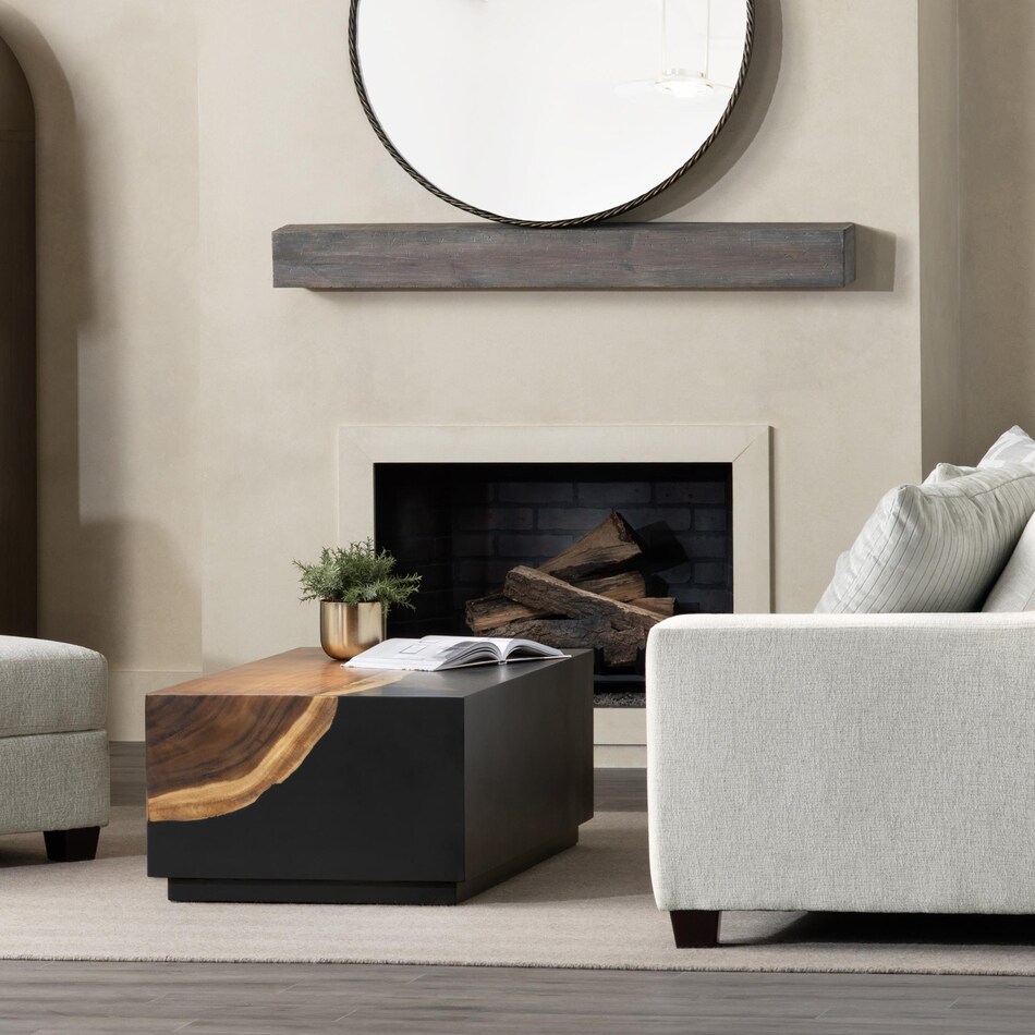 bold black with natural brown wood graining accented corner back color: black occasional tables   