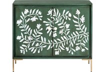 dark green stain with natural wood graining and white floral door front designs back color: green interior color: green metal finish: powder coated wall units   