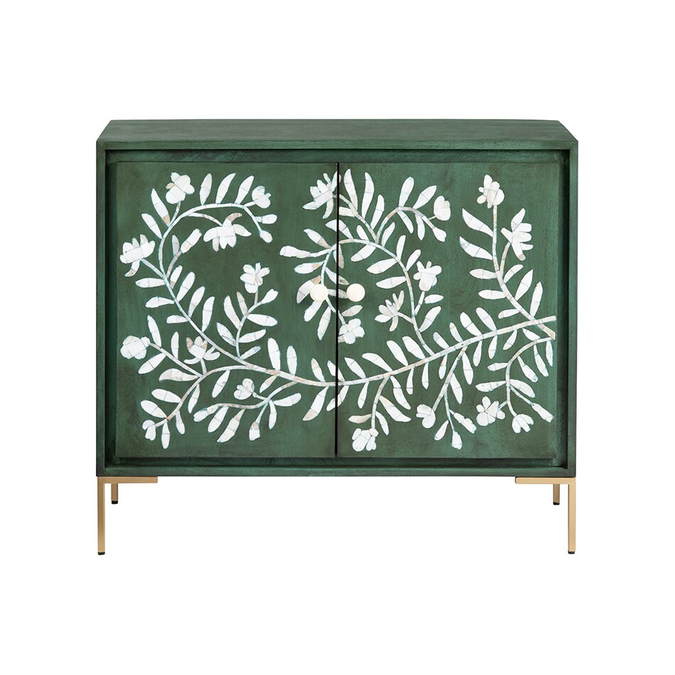dark green stain with natural wood graining and white floral door front designs back color: green interior color: green metal finish: powder coated wall units   