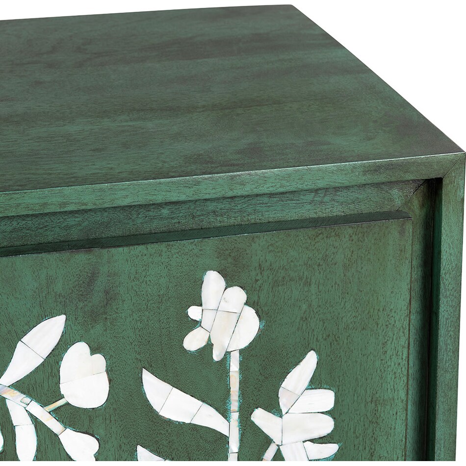 dark green stain with natural wood graining and white floral door front designs back color: green interior color: green metal finish: powder coated wall units   
