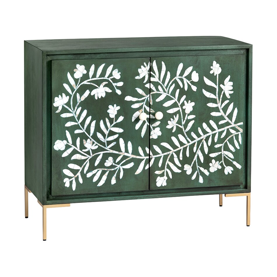 dark green stain with natural wood graining and white floral door front designs back color: green interior color: green metal finish: powder coated wall units   