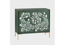 dark green stain with natural wood graining and white floral door front designs back color: green interior color: green metal finish: powder coated wall units   