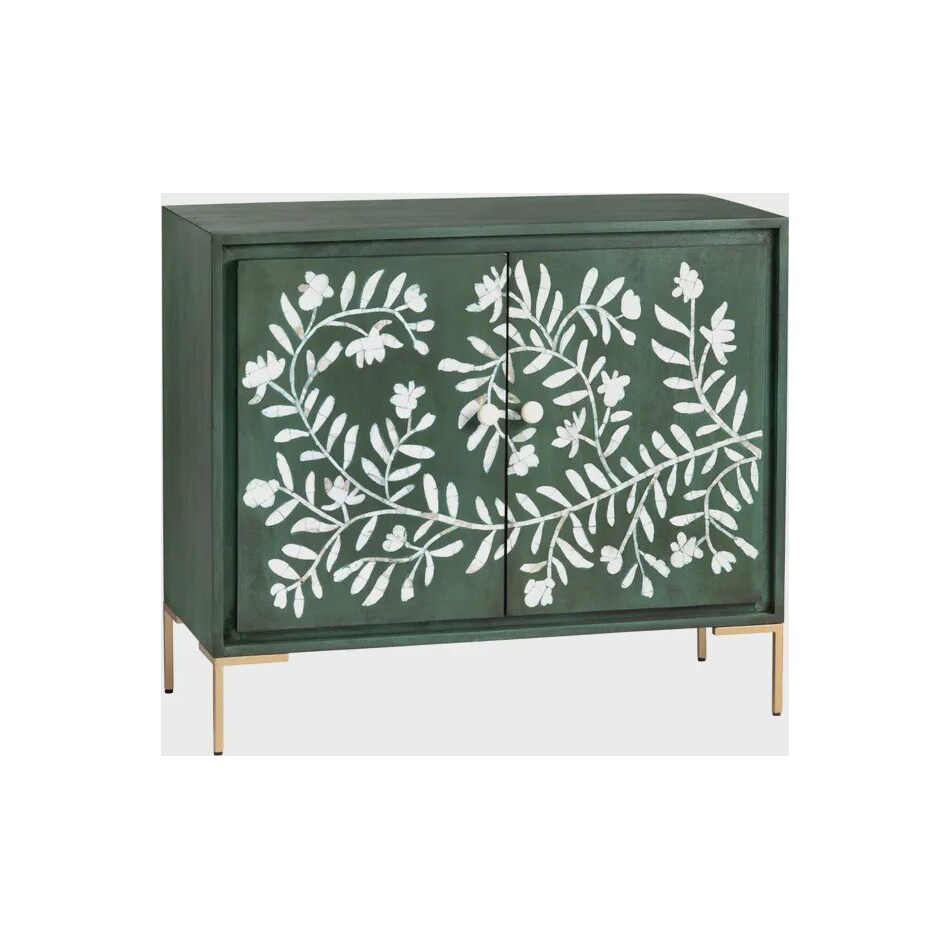 dark green stain with natural wood graining and white floral door front designs back color: green interior color: green metal finish: powder coated wall units   
