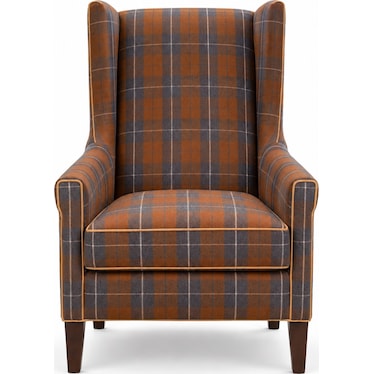Plaid Wingback Accent Chair- Contrast Leather Welt