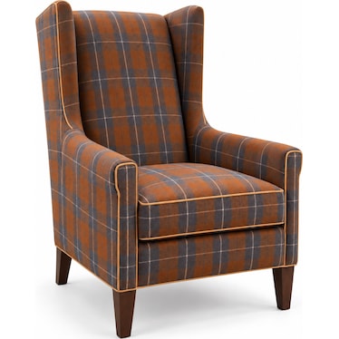 Plaid Wingback Accent Chair- Contrast Leather Welt