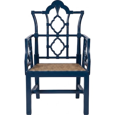 Navy Chinese Chippendale Cane Accent Chair