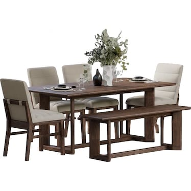 Trestle Dining Table with Bench and 4 Upholstered Side Chairs