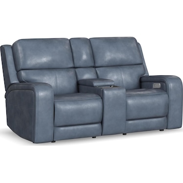 Power Reclining Leather Loveseat with Console, Power Headrests, Lumbar, Heat & Massage