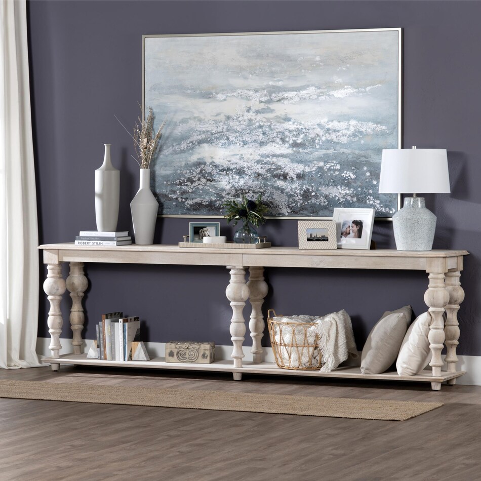 white washed wood frame with a tan undertone wall units   